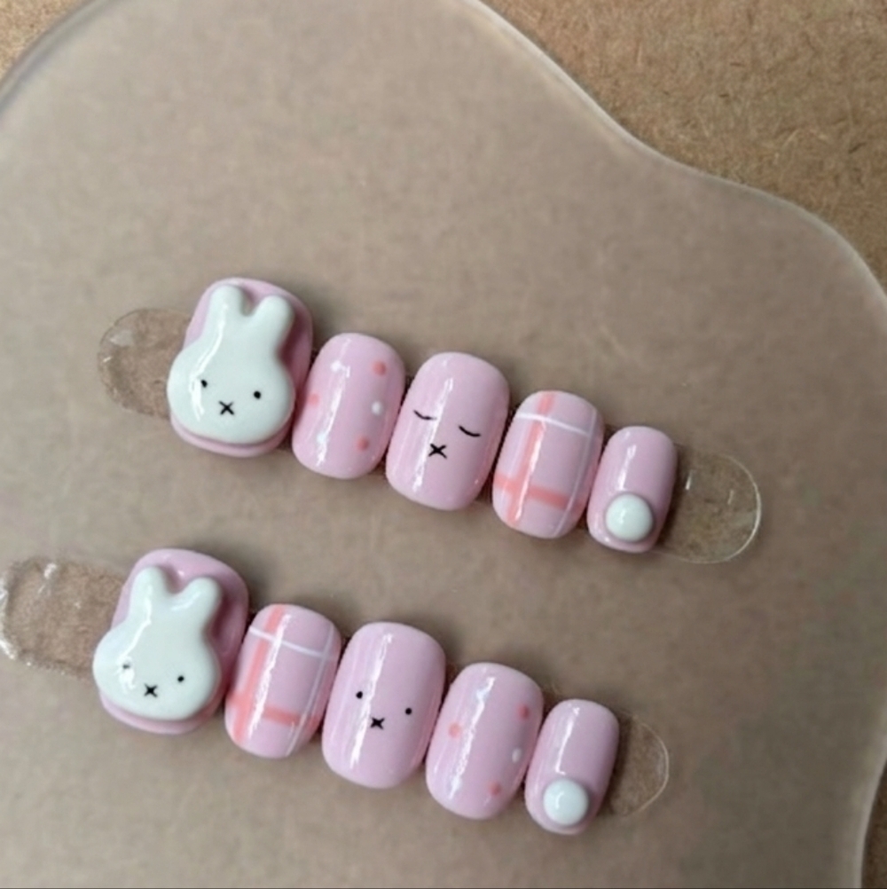 Kawaii Miffy Bunny Press On Nails Pink Plaid & 3D Easter Rabbit Art Size Small